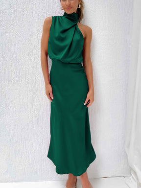 Vestido Longo de Festa Drapeado em Cetim Verde - Allure