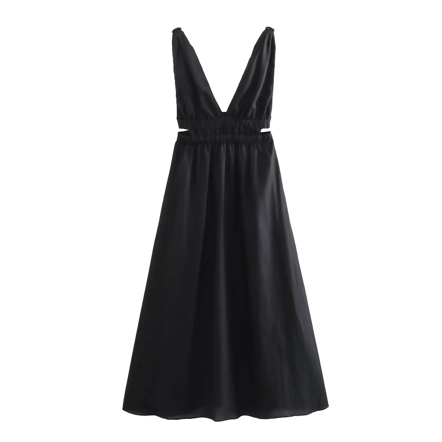 Vestido Midi Frente Única Preto Cintura com Lastex Decote V - Dress Chic