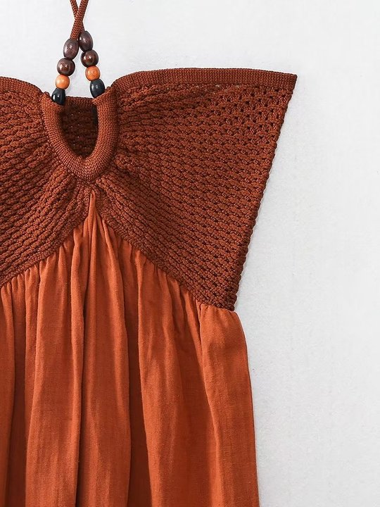 Vestido Longo Halter Amarração no Pescoço Bojo Crochê