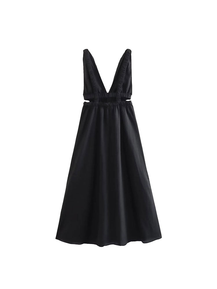 Vestido Midi Frente Única Preto Cintura com Lastex Decote V - Dress Chic