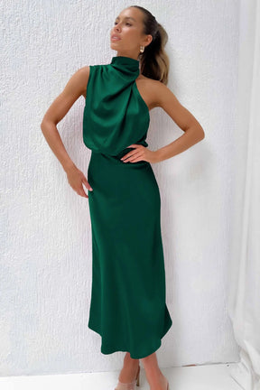 Vestido Longo de Festa Drapeado em Cetim Verde - Allure