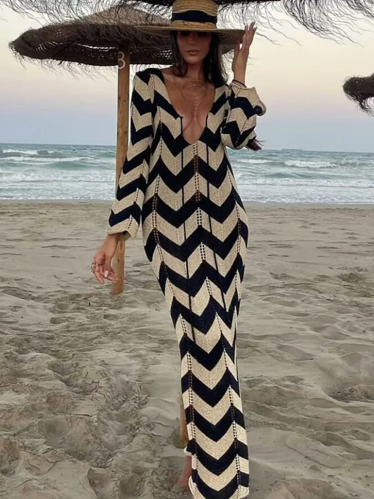 Saída de Praia Vestido Longo Tricot Listrado Moderna Capri