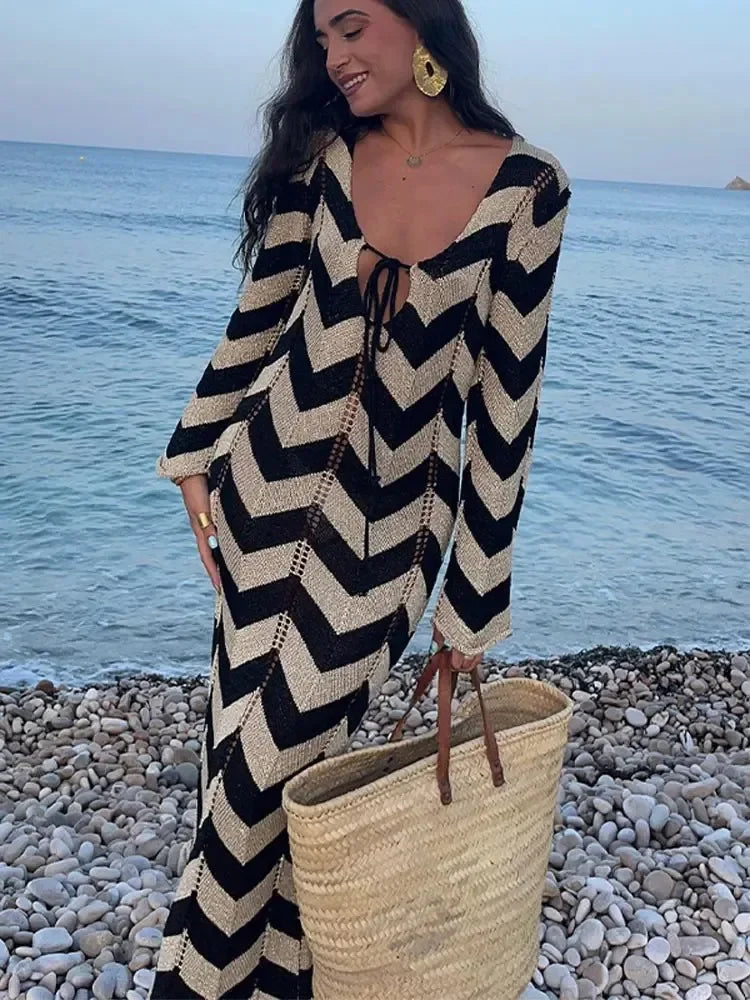 Saída de Praia Vestido Longo Tricot Listrado Moderna Capri