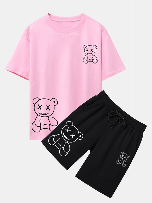 Simple Bear Print Drop Shoulder Oversize T-Shirt & Shorts