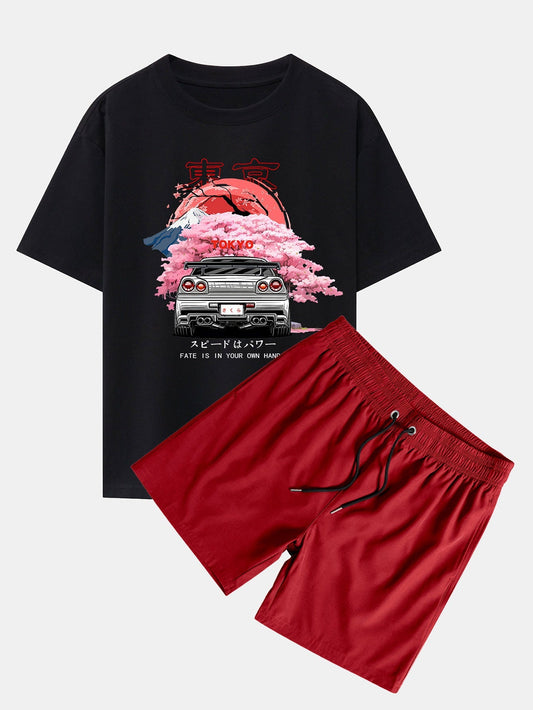 Tokyo Cherry Blossoms Car Print Drop Shoulder Oversize T-Shirt & Swim Shorts