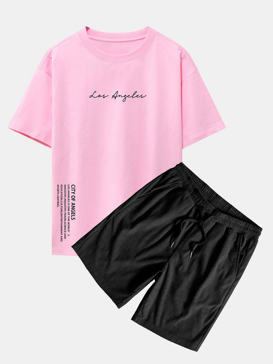 Los Angeles Print Drop Shoulder Oversize T-Shirt & Corduroy Drawstring Shorts