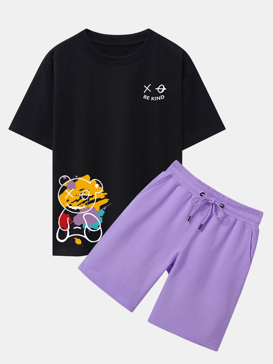 Graffiti Bear Print Drop Shoulder Oversize T-Shirt & Man Mid Length Shorts