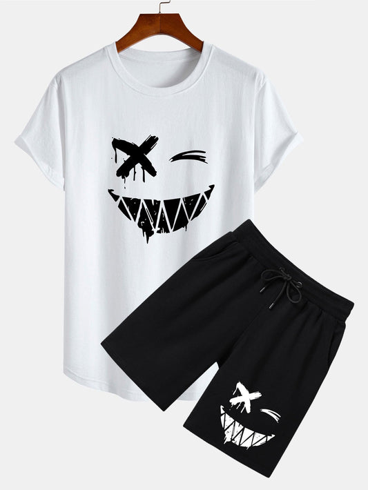 Smiley Face Print Cotton Arc Hem T-Shirt & Shorts