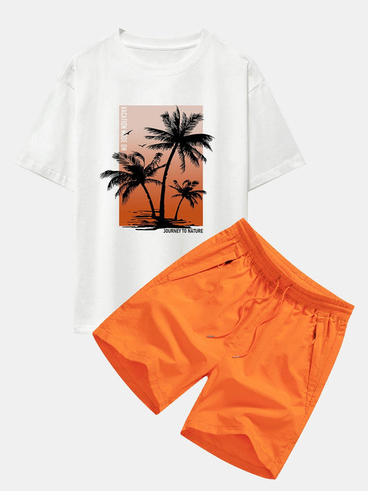 Palm Tree Orange Background Print Oversize T-Shirt & Solid Zip Pocket Swim Shorts