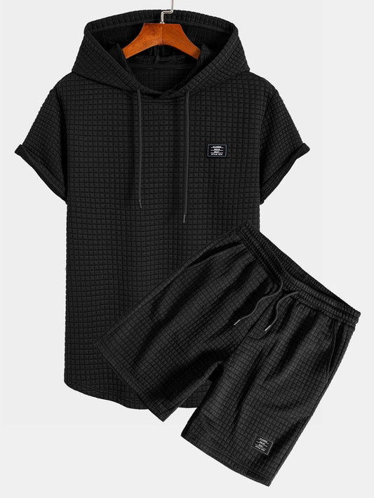 Waffle Hooded Arc Hem T-Shirt & Waffle Drawstring Shorts