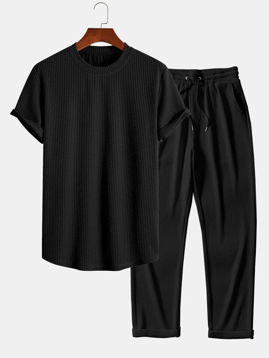 Muscle Fit Ribbed Arc Hem T-Shirt & Straight Leg Ribbed Pants