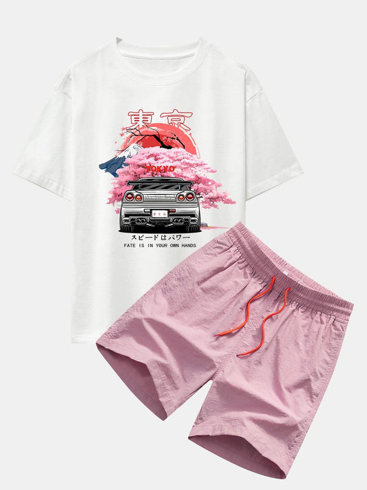 Tokyo Cherry Blossoms Car Print Drop Shoulder Oversize T-Shirt & Swim Shorts