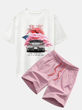 Tokyo Cherry Blossoms Car Print Drop Shoulder Oversize T-Shirt & Swim Shorts