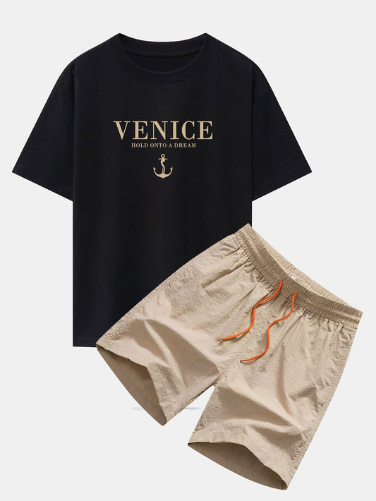 Venice Anchor Print Drop Shoulder Oversize T-Shirt & Swim Shorts