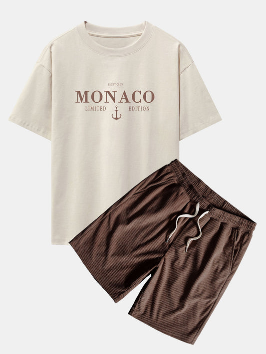 Monaco Slogan Print Drop Shoulder Oversize T-Shirt & Corduroy Drawstring Shorts