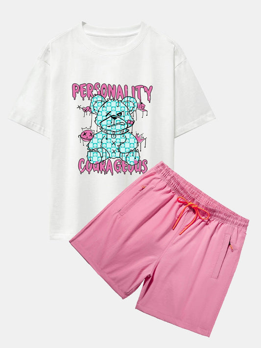 Dissolving Bear Slogan Print Drop Shoulder Oversize T-Shirt & Zip Pocket Swim Shorts