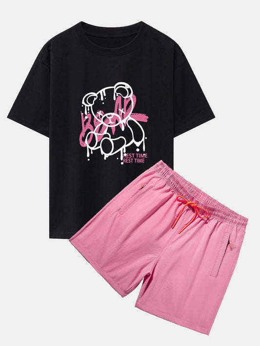 Dissolving Bear Print Drop Shoulder Oversize T-Shirt & Zip Pocket Swim Shorts