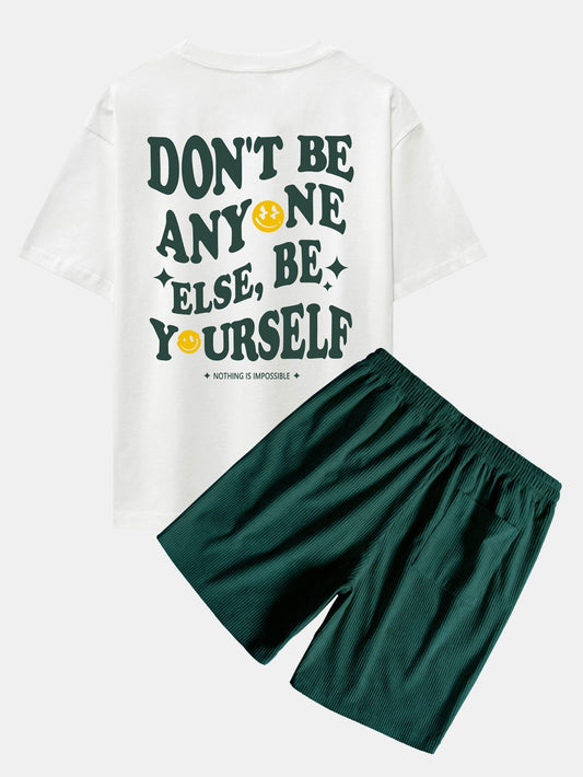 Slogan Back Print Drop Shoulder Oversize T-Shirt & Corduroy Drawstring Shorts