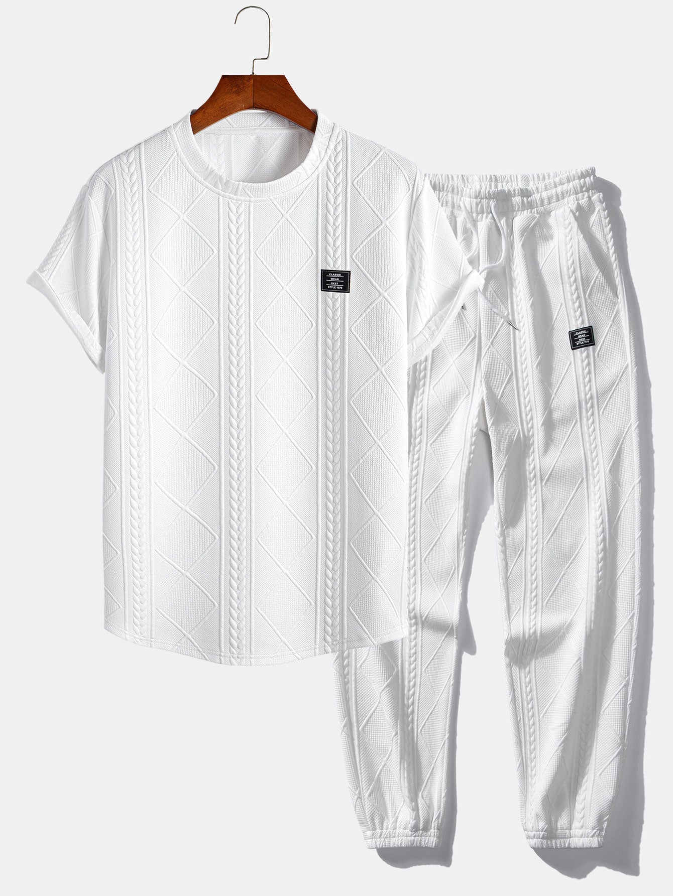 Short Sleeve Geometric Jacquard Arc Hem T-Shirt & Jogger Pants