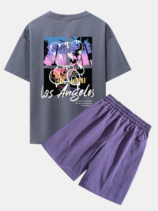 Los Angeles Illustration Bear Print Drop Shoulder Oversize T-Shirt & Patch Pocket Drawstring Shorts