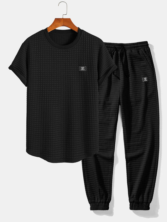 Short Sleeve Waffle Arc Hem T-Shirt & Jogger Pants