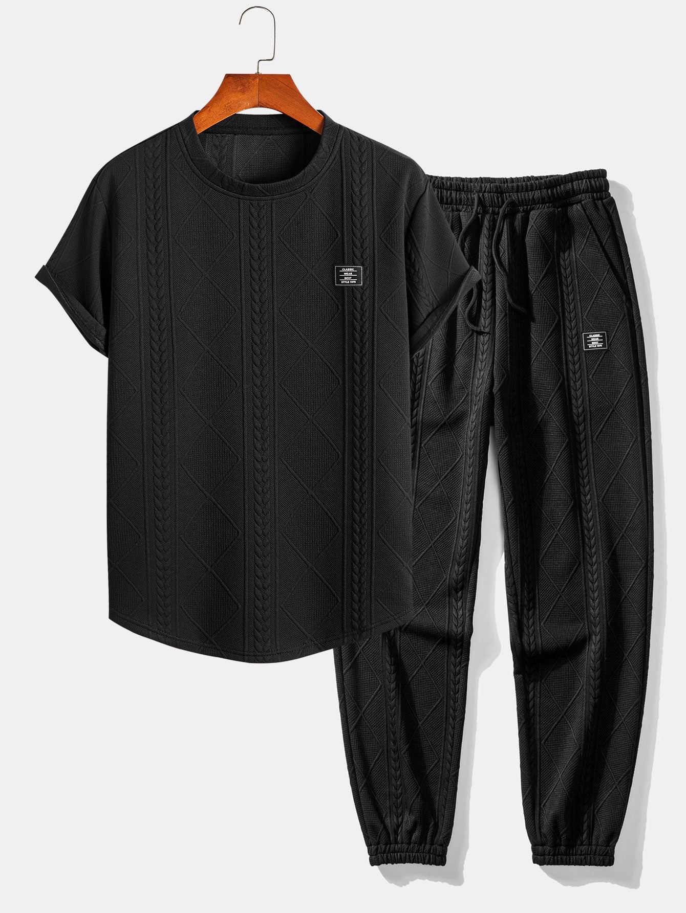 Short Sleeve Geometric Jacquard Arc Hem T-Shirt & Jogger Pants