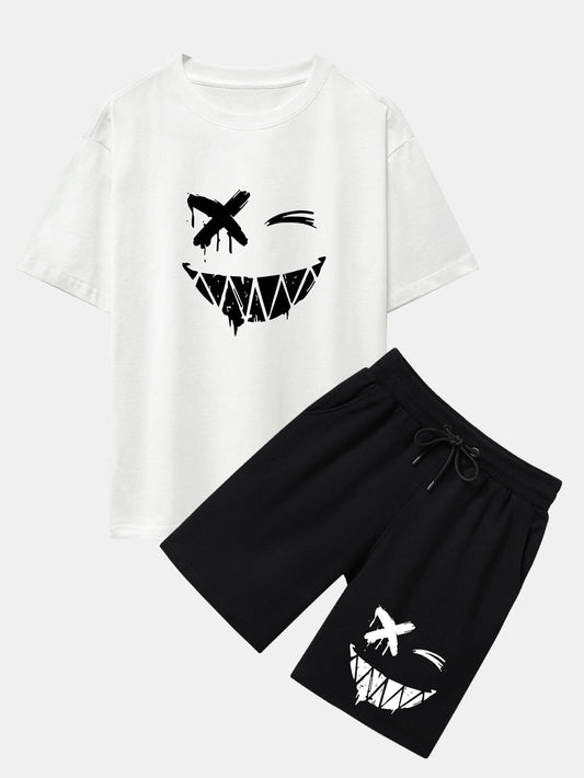 Dissolved Smiley Face Print Drop Shoulder Oversize T-Shirt & Shorts