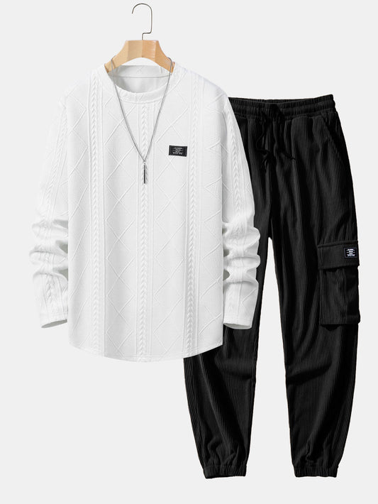 Long Sleeve Geometric Jacquard Arc Hem T-Shirt & Drawstring Corduroy Cargo Jogger Pants