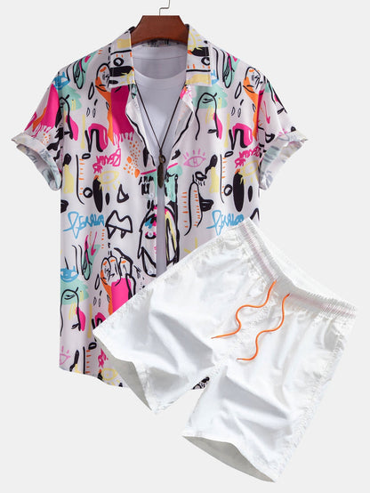 Graffiti Print Button Up Shirt & Swim Shorts