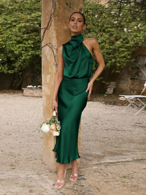 Vestido Longo de Festa Drapeado em Cetim Verde - Allure