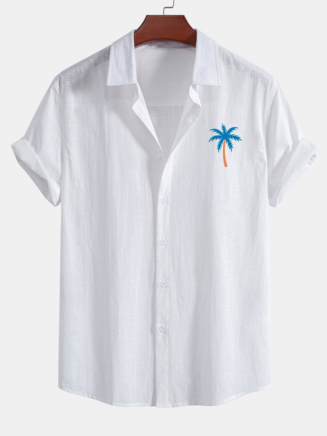 Blue Palm Tree Print Linen Look Cotton Button Up Shirt & Swim Shorts