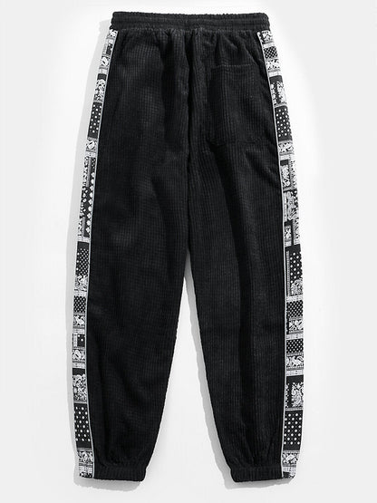 Gothic Los Angeles Print Washed Distressed Drop Shoulder T-Shirt & Corduroy Paisley Print Panel Pants