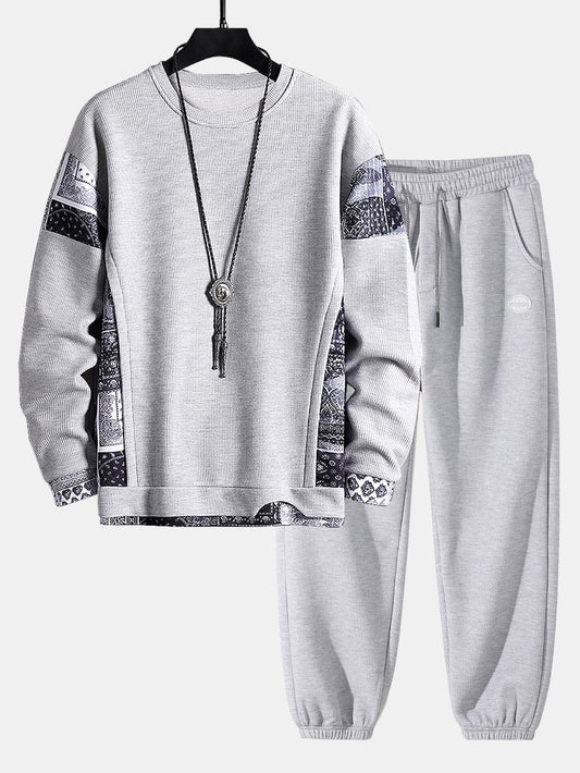 Paisley Print Panel Waffle Sweatshirt & Waffle Jogger Pants