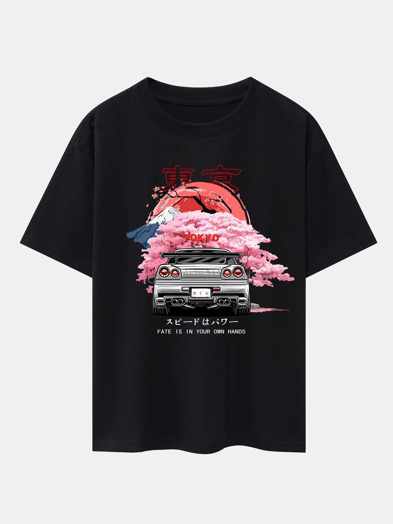 Tokyo Cherry Blossoms Car Print Drop Shoulder Oversize T-Shirt & Swim Shorts