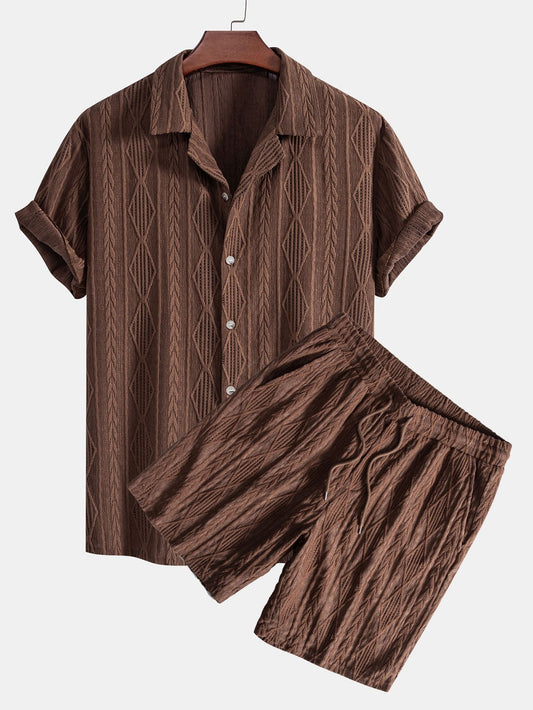 Geometric Jacquard Cuban Shirt & Textured Shorts With Lining