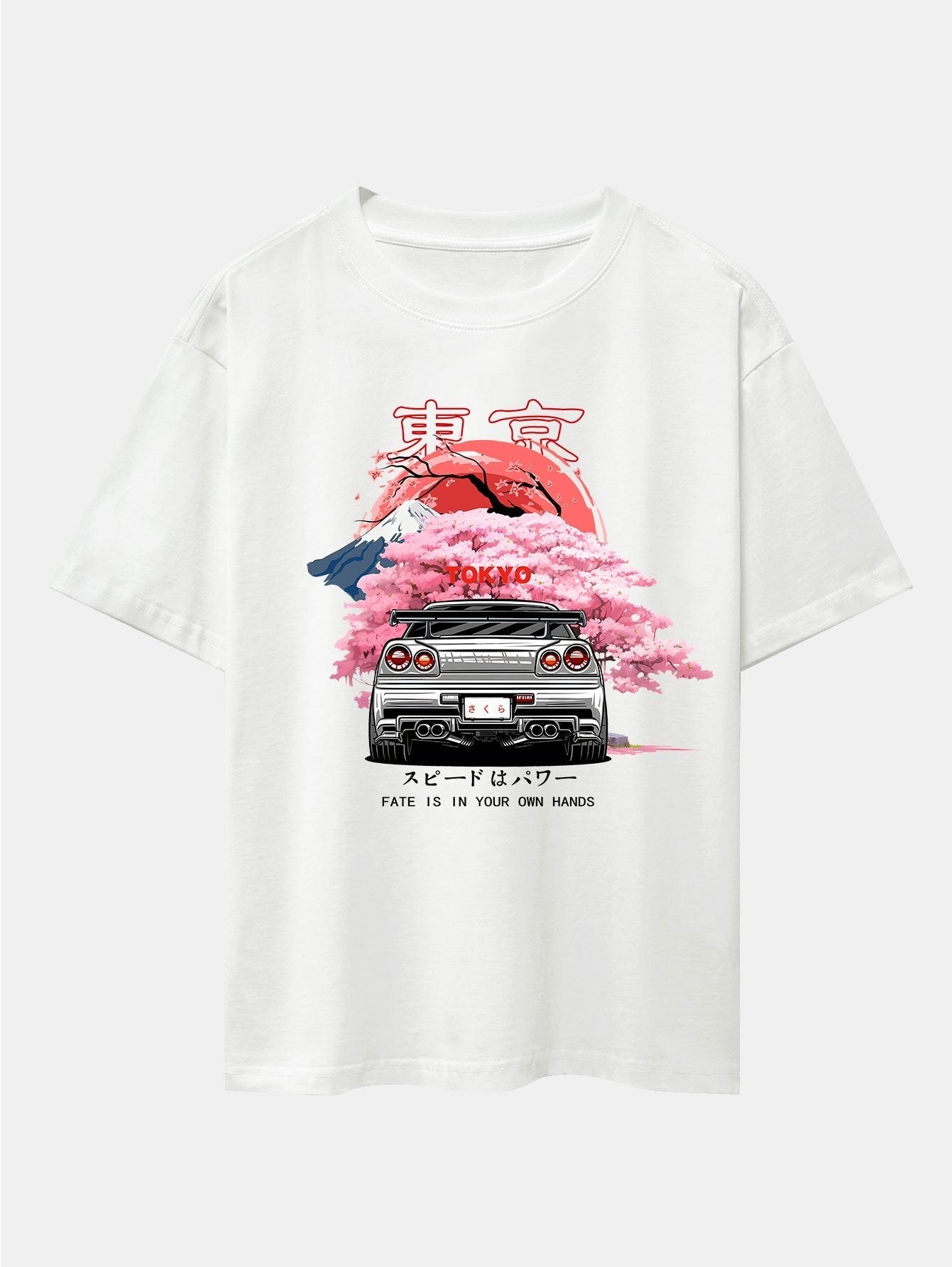 Tokyo Cherry Blossoms Car Print Drop Shoulder Oversize T-Shirt & Swim Shorts