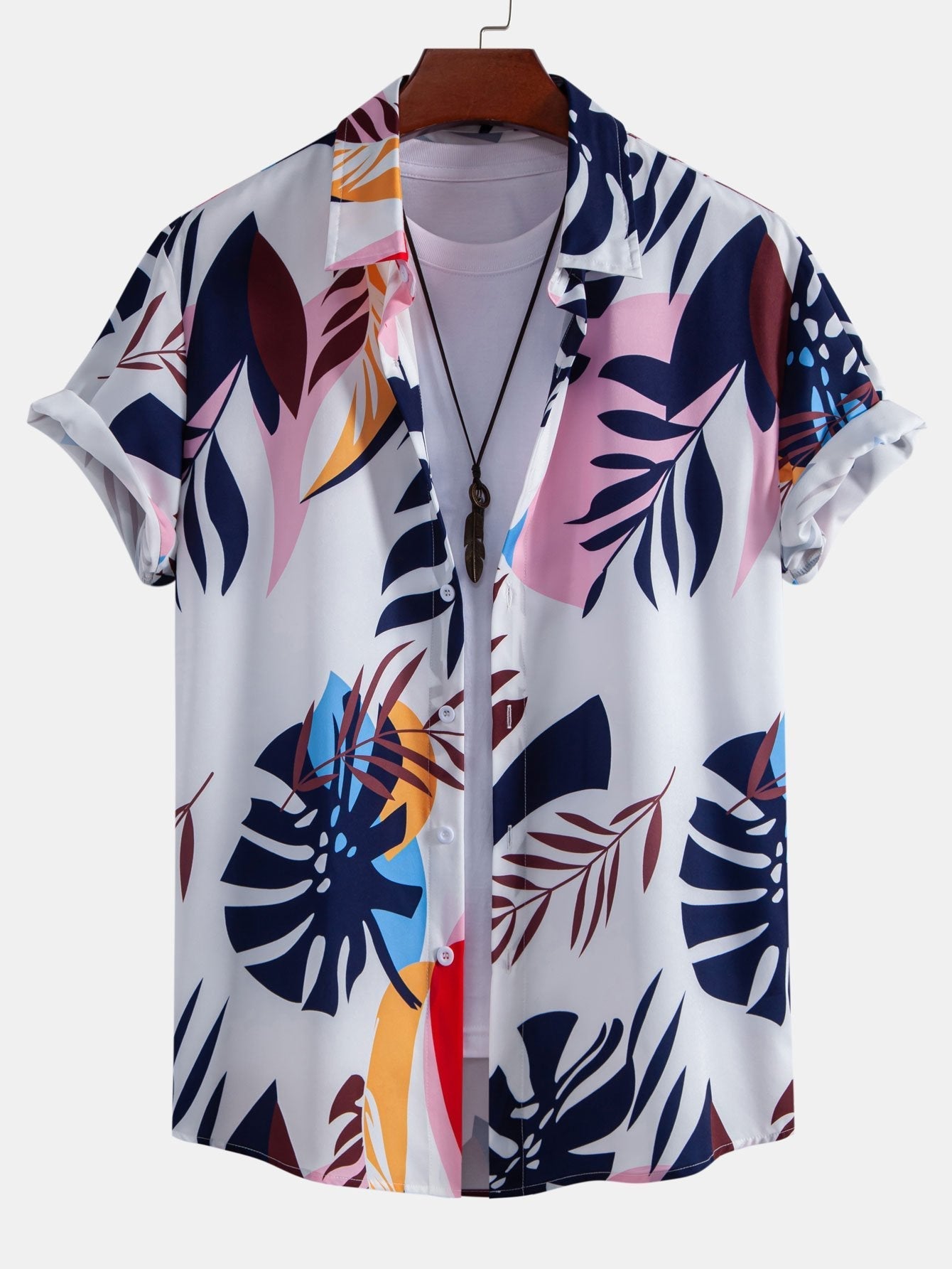 Leaf Color Block Print Button Up Shirt & Swim Short