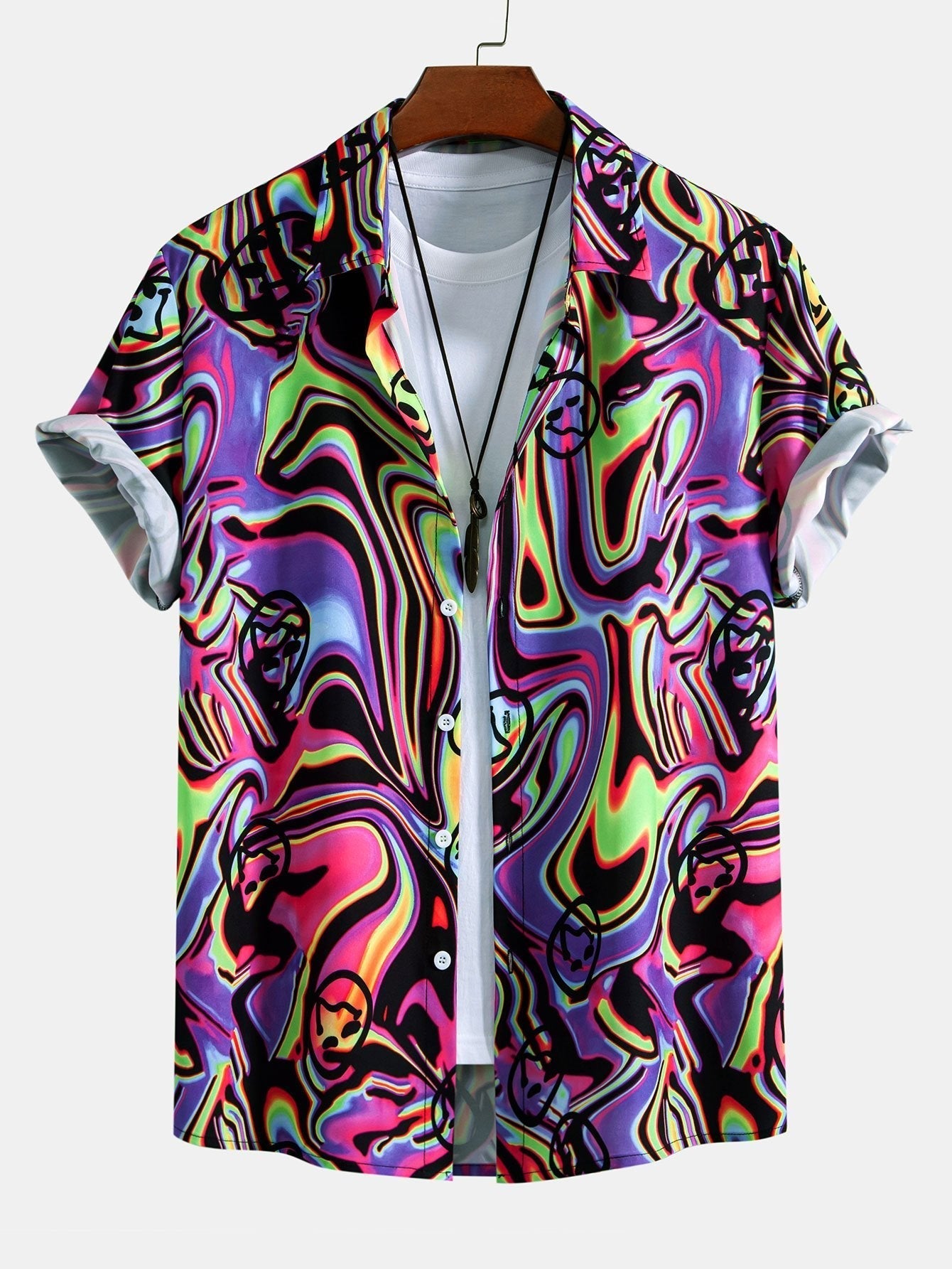 Colorful Fluid Smiley Print Button Up Shirt & Shorts