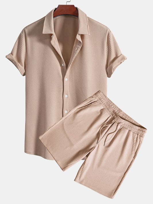 Muscle Fit Ribbed Button Up Shirt & Shorts